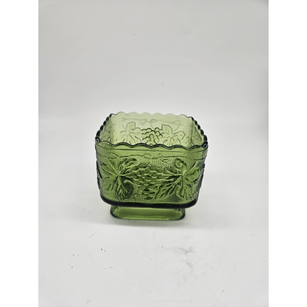 Vintage INDIANA Glass Green Scalloped Edge Square Planter / Bowl 4x4 MCM
